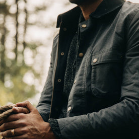 fit model wearing The Rover Jacket in Ripstop Slate Dry Wax, chest and sleeve