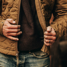 out fit model wearing The Scarf in Chocolate Baby Yak—cropped shot under jacket