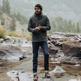 fit model wearing The Slim Jean in Cone Mills Reserve Selvage, on creek