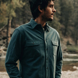fit model wearing The Yosemite Shirt in Deep Ocean—cropped shot of chest