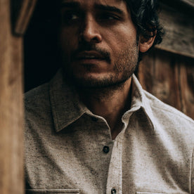 fit model wearing The Yosemite Shirt in Oat Donegal—cropped shot chest up