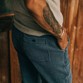 fit model wearing The Après Pant in Indigo Waffle, back detail
