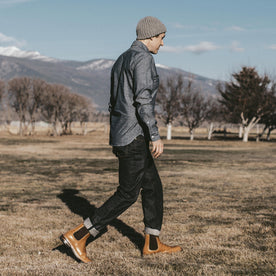 Our fit model wearing The Jack Shirt  in Selvage Chambray.