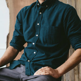 Our fit model wearing the brushed teal Jack