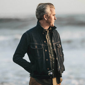 Our fit model wearing The Long Haul Jacket in Organic '68 Selvage.