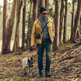 Our fit model wearing The California in Brushed Navy Plaid.