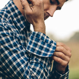 Our fit model wearing The California in Brushed Navy Plaid.