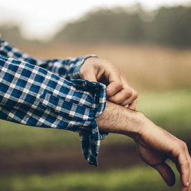 Our fit model wearing The California in Brushed Navy Plaid.