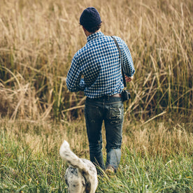 Our fit model wearing The California in Brushed Navy Plaid.