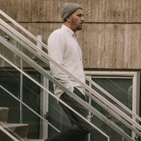 Our fit model wearing The Jack in Natural Brushed Organic Cotton.