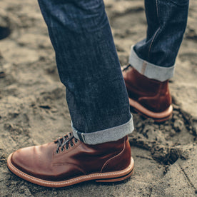 Our fit model wearing The Slim Jean in Organic '68 Selvage.