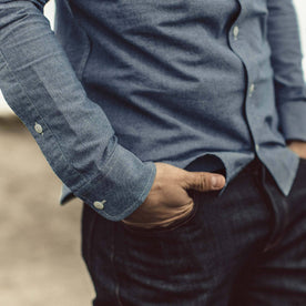 Our fit model wearing the The California in Blue Everyday Chambray