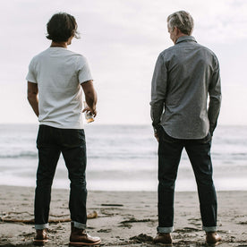 Our fit model wearing The California in Charcoal Everyday Chambray.