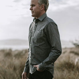 Our fit model wearing The California in Charcoal Everyday Chambray.