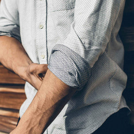 Our fit model wearing The California in Navy Jacquard Dot