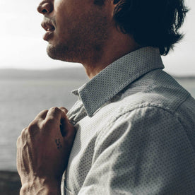 Our fit model wearing The California in Navy Jacquard Dot