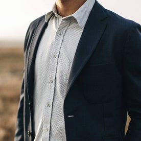 Our fit model wearing The California in Navy Jacquard Dot