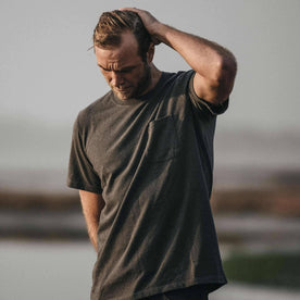 Our fit model wearing The Heavy Bag Tee in Heather Grey from Taylor Stitch.