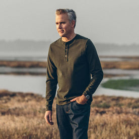 Our fit model wearing The Heavy Bag Henley from Taylor Stitch.
