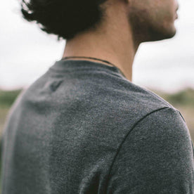 Our fit model wearing The Heavy Bag Henley in Heather Grey