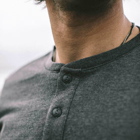 Our fit model wearing The Heavy Bag Henley in Heather Grey
