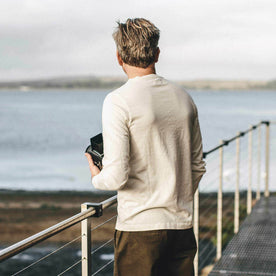 Our fit model wearing The Heavy Bag Henley from Taylor Stitch.