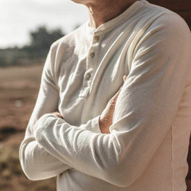 Our fit model wearing The Heavy Bag Henley from Taylor Stitch.