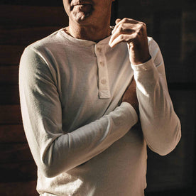 Our fit model wearing The Heavy Bag Henley from Taylor Stitch.