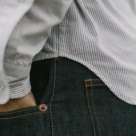 Our fit model wearing The Jack in Indigo Stripe from Taylor Stitch.