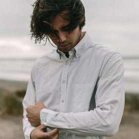 Our fit model wearing The Jack in Indigo Stripe from Taylor Stitch.