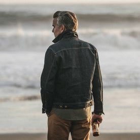 Our fit model wearing The Long Haul Jacket in Organic '68 Selvage.