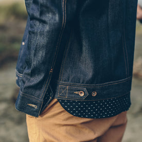 Our fit model wearing The Long Haul Jacket in Organic '68 Selvage.