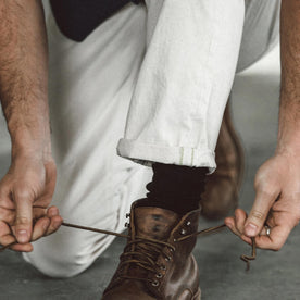Our fit model wearing The Camp Pant in Organic Natural Selvage.