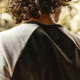 Our fit model wearing The Heavy Bag Baseball Tee in Cypress.