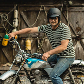 Our fit model wearing The Heavy Bag Tee in Cypress Stripe