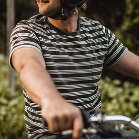 Our fit model wearing The Heavy Bag Tee in Cypress Stripe