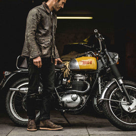 our fit model wearing The Moto Boot in Espresso Grizzly from Taylor Stitch.