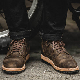  our fit model wearing The Moto Boot in Espresso Grizzly from Taylor Stitch.