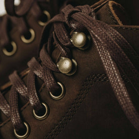 our fit model wearing The Moto Boot in Espresso Grizzly from Taylor Stitch.