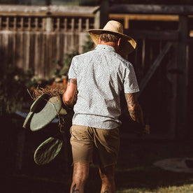 Our fit model wearing The Short Sleeve Jack in Brush Strokes from Taylor Stitch.