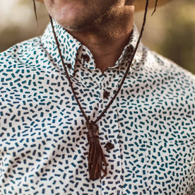 Our fit model wearing The Short Sleeve Jack in Brush Strokes from Taylor Stitch.