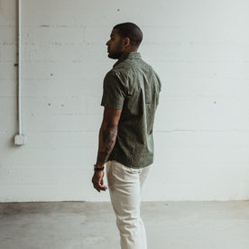 Our fit model wearing the Short Sleeve California in Rain Drop Camo in San Francisco.