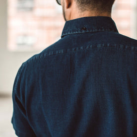 Our fit model wearing The Short Sleeve Jack in Mini Indigo Waffle.