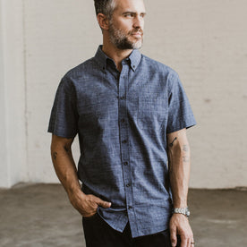 Our fit model wearing the Jack in Navy Slub Glen Plaid in San Francisco.