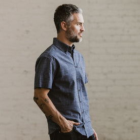 Our fit model wearing the Jack in Navy Slub Glen Plaid in San Francisco.