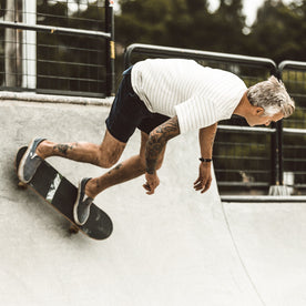 Our fit model wearing The Trail Short in Navy Cord.