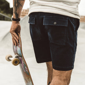 Our fit model wearing The Trail Short in Navy Cord.