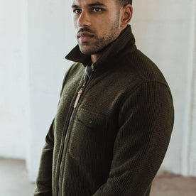 our fit model wearing the The Coit Jacket in Olive Waffle