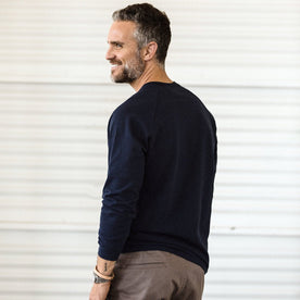 our fit model wearing The Heavy Bag Long Sleeve in Navy