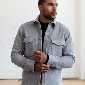 our fit model wearing The Maritime Shirt Jacket in Heather Ash Wave